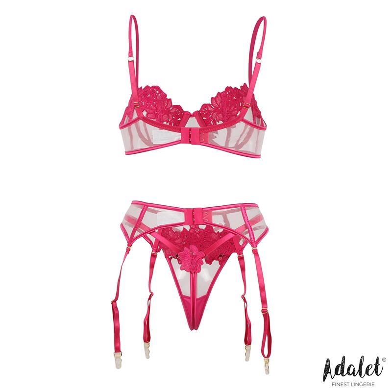 Nora Set Sujetador, Tanga y Liguero con Flores Fucsia