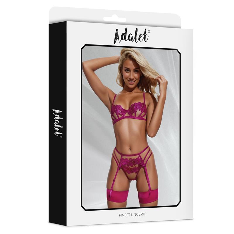 Nora Set Sujetador, Tanga y Liguero con Flores Fucsia